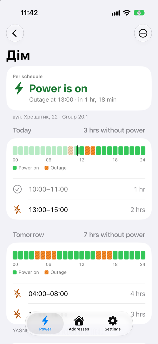 The address screen for “Дім” (home): 3 hours without power today, with outages at 10:00–11:00 and 13:00–15:00; 7 hours tomorrow, the first outage from 04:00 to 08:00.