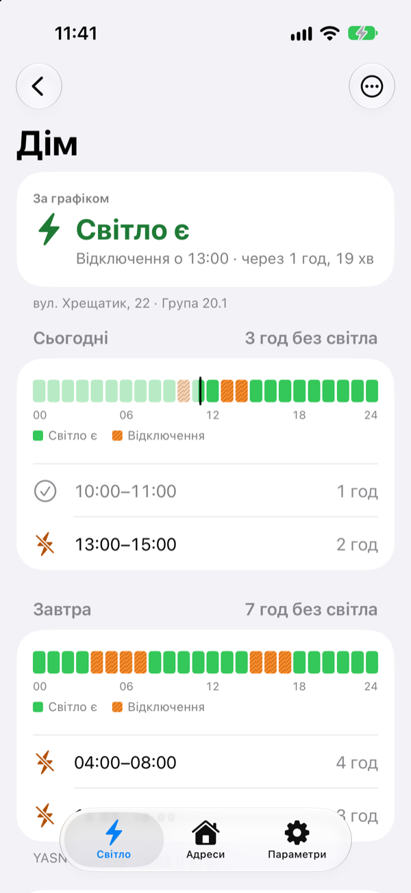 Екран адреси «Дім»: сьогодні 3 години без світла, відключення 10:00–11:00 і 13:00–15:00; завтра 7 годин без світла, перше відключення з 04:00 до 08:00.